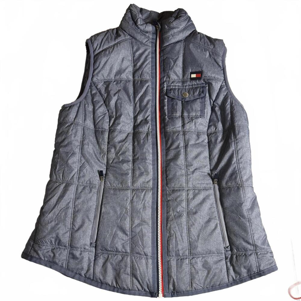 TOMMY HILFIGER SPORT Womens Lize Large Steel Blue PUFFER VEST Bold Logo Inside